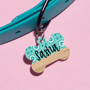 May include: Teal and wood bone-shaped dog tag with the name Sasha printed in white.