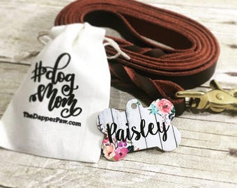 Watercolor Flowers Dog Tag Double Sided - Customized Dog Tag - Custom Dog Tag - Personalized Dog Tag - Monogrammed Dog Tag - Custom Tag