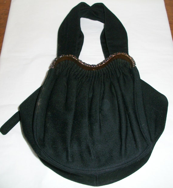 Vintage 1940's Guild Original Black Purse with Rh… - image 1