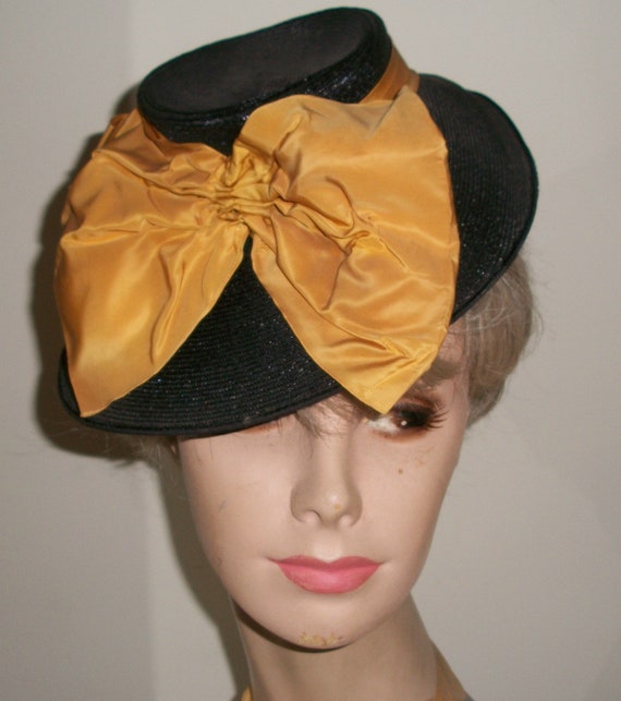Antique 1940's Black Straw Tilt Hat