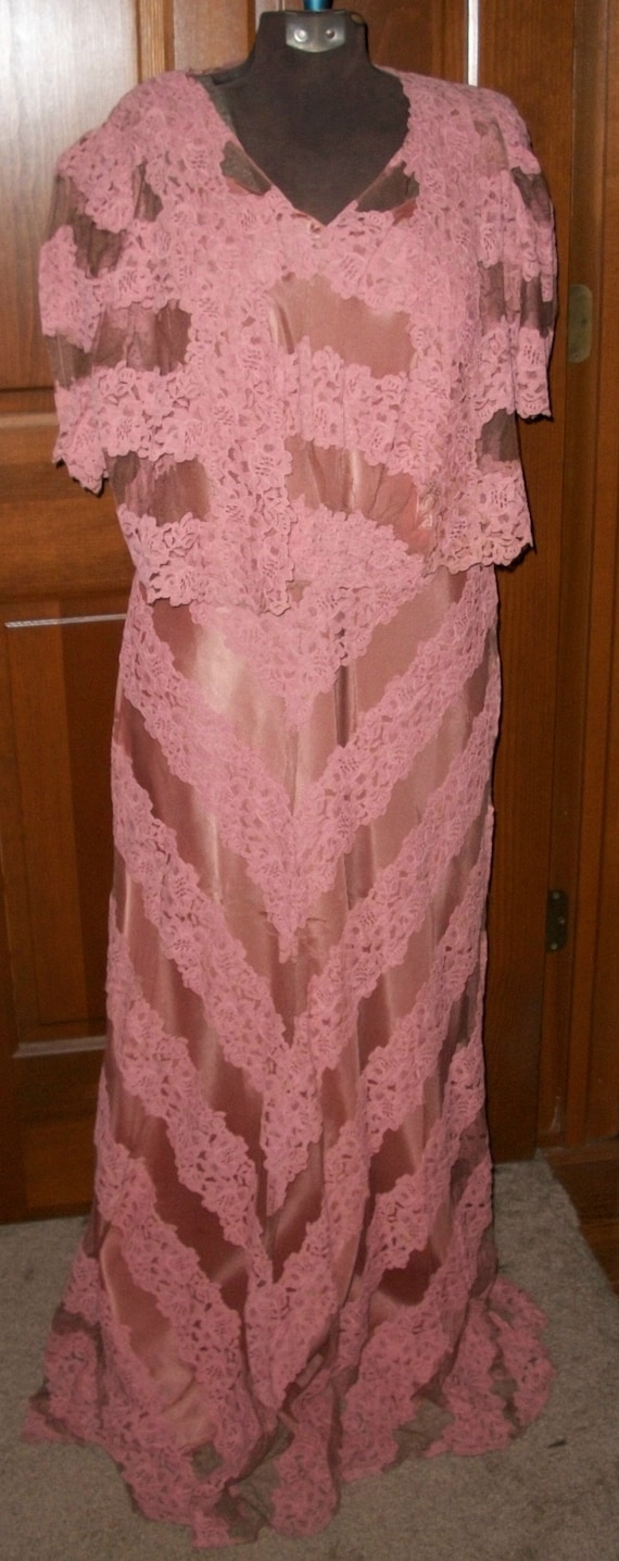 Vintage 1930's Long Pink Lace Dress, Bolero and Sl