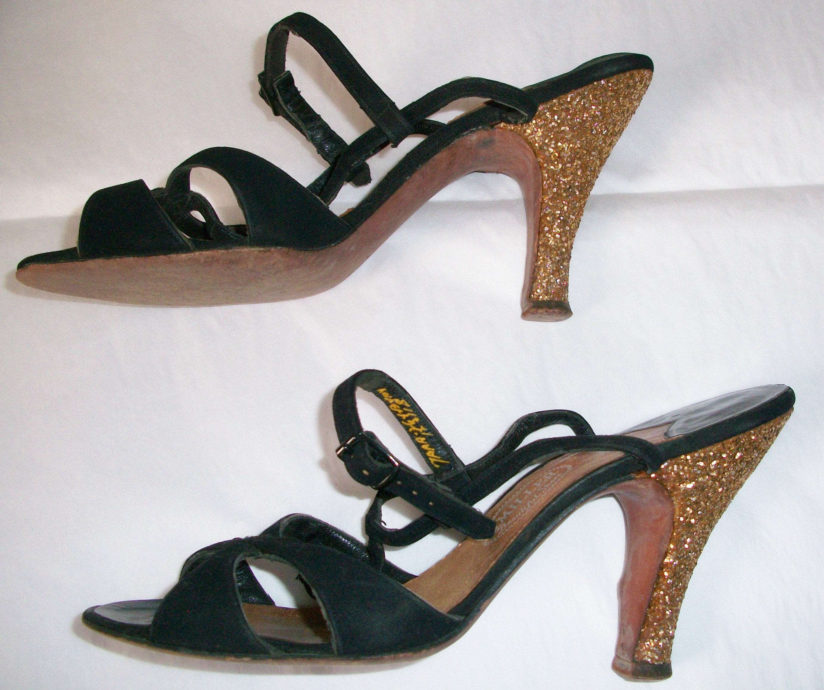 black and gold ankle strap heels