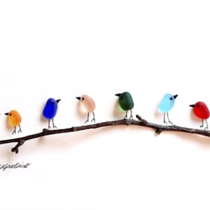 Rainbow Birds on Branch - Sea Glass & Driftwood Picture - Framed Unique Handmade - Sea Glass Art