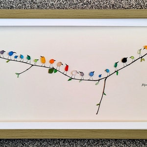 Panoramic Rainbow Birds - Sea Glass & Driftwood Picture - Framed Unique Handmade - Sea Glass Art