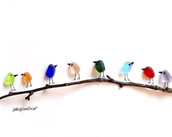 Rainbow Birds on Branch - Sea Glass & Driftwood Picture - Framed Unique Handmade - Sea Glass Art