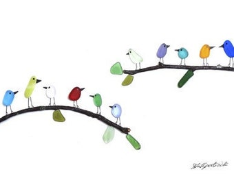 Rainbow Birds on Branches - Sea Glass & Driftwood Picture - Framed Unique Handmade - Sea Glass Art