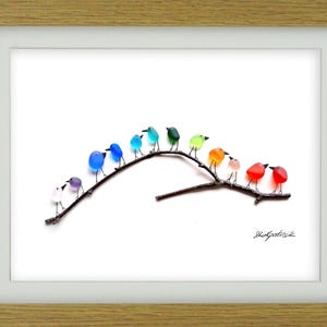Rainbow Birds on Branch - Driftwood & Sea Glass Picture - Framed Handmade - Art Wall Decor Oak