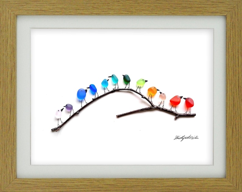 Rainbow Birds on Branch - Driftwood & Sea Glass Picture - Framed Handmade - Art Wall Decor Oak