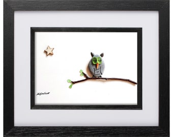 Owl in Tree - Unique Pebble Art & Sea Glass Picture - Framed, Unique, Handmade - Sea Glass Art