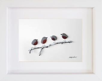 Winter Robins - Pebble Art & Sea Glass Picture - Framed Unique Handmade