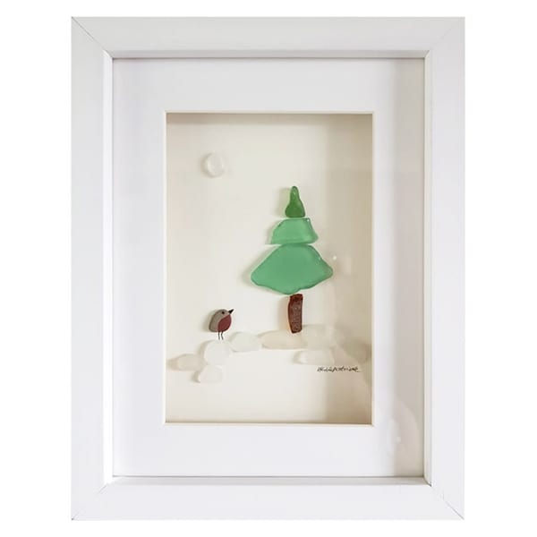 Christmas Tree with Robin - Unique Pebble Art & Sea Glass Picture - Framed, Unique, Handmade