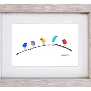 Mini Rainbow Birds on Branch - Sea Glass & Driftwood Picture - Framed Unique Handmade - Sea Glass Art