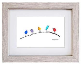 Mini Rainbow Birds on Branch - Sea Glass Picture - Framed Handmade Wall decor
