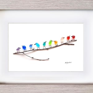 Rainbow Birds on Branch - Sea Glass & Driftwood Picture - Framed Unique Handmade - Sea Glass Art