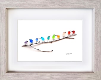 魚群 - シーグラスの絵画 - 額入りのユニークな手作り