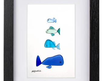 シーグラスの絵 - 手作りの額入り - アート - 魚の群れ - 壁飾り