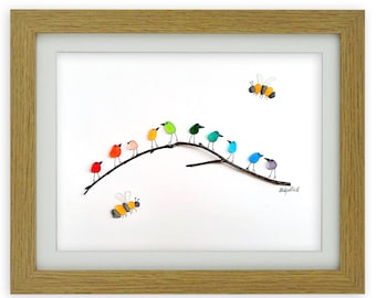 Rainbow Birds with Bees Wall Art - Sea Glass & Driftwood Picture - Framed Unique Handmade - Sea Glass Art Wall Decor