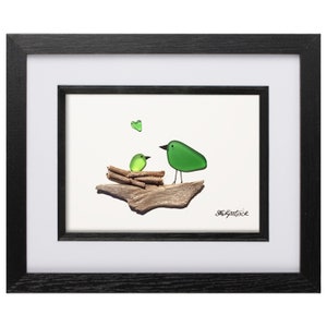 Quadro in vetro di mare e arte di ciottoli - Cornice unica fatta a mano *Uccelli che nidificano (verde)*