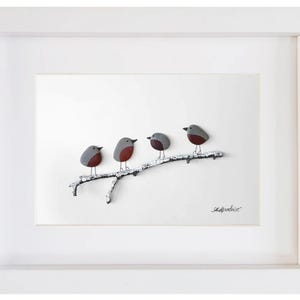 Winter Robins - Pebble Art & Sea Glass Picture - Framed Unique Handmade