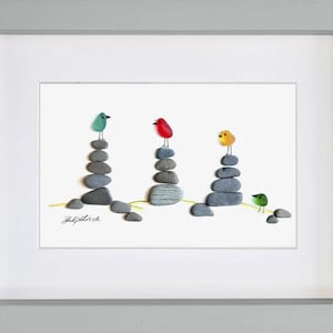 Rock Pile Birds - Sea Glass & Driftwood Picture - Framed Unique Handmade - Sea Glass Art