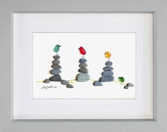 Rock Pile Birds - Sea Glass & Driftwood Picture - Framed Handmade - Wall Decor
