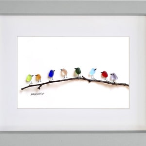 Rainbow Birds on Branch Sea Glass & Driftwood Picture Framed Unique Handmade Sea Glass Art Grey