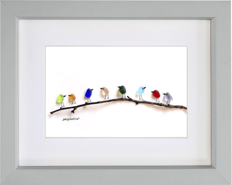 Rainbow Birds on Branch Sea Glass & Driftwood Picture Framed Unique Handmade Sea Glass Art Grey