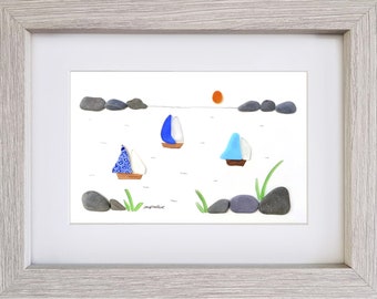 Pebble Art & Sea Glass Picture - Framed Unique Handmade *Sunset Yachts* - Original sea glass art