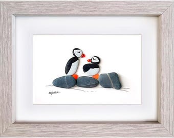 Sea Glass Puffin Picture: Framed Handmade Pebble Bird Art Wall Hanging Decor