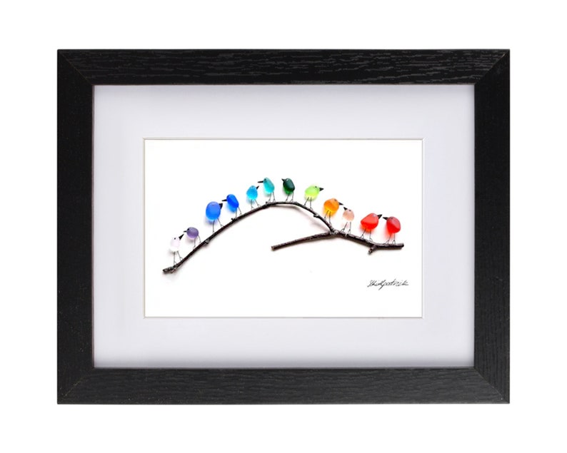 Rainbow Birds on Branch Sea Glass & Driftwood Picture Framed Unique Handmade Sea Glass Art Black