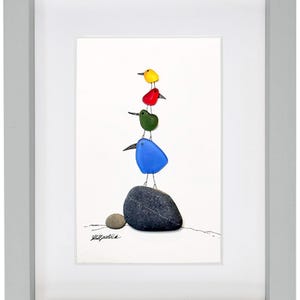 Sea Glass & Driftwood Picture - Framed Unique Handmade - Sea Glass Art - Bird Stack