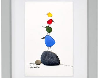 Sea Glass Picture - Framed Handmade - Art - Bird Wall Decor