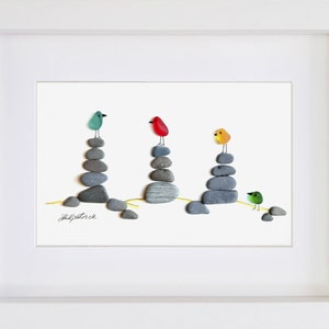 Rock Pile Birds - Sea Glass & Driftwood Picture - Framed Unique Handmade - Sea Glass Art