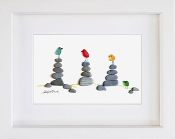 Rock Pile Birds - Sea Glass & Driftwood Picture - Framed Unique Handmade - Sea Glass Art