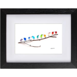 Rainbow Birds on Branch Sea Glass & Driftwood Picture Framed Unique Handmade Sea Glass Art image 10