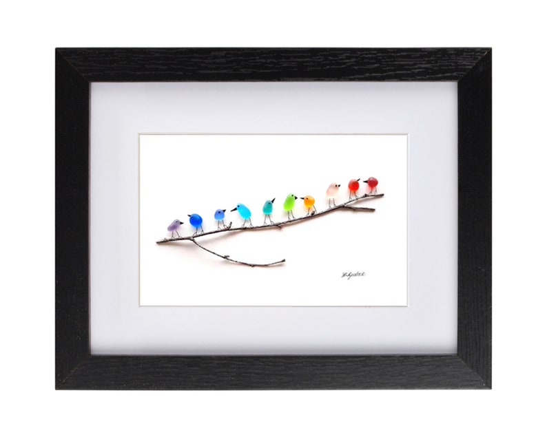Rainbow Birds on Branch Sea Glass & Driftwood Picture Framed Unique Handmade Sea Glass Art image 10