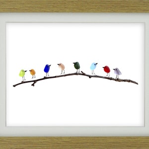 Rainbow Birds on Branch Sea Glass & Driftwood Picture Framed Unique Handmade Sea Glass Art Oak