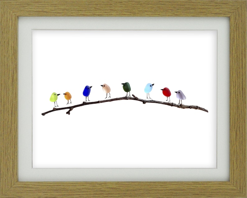 Rainbow Birds on Branch Sea Glass & Driftwood Picture Framed Unique Handmade Sea Glass Art Oak