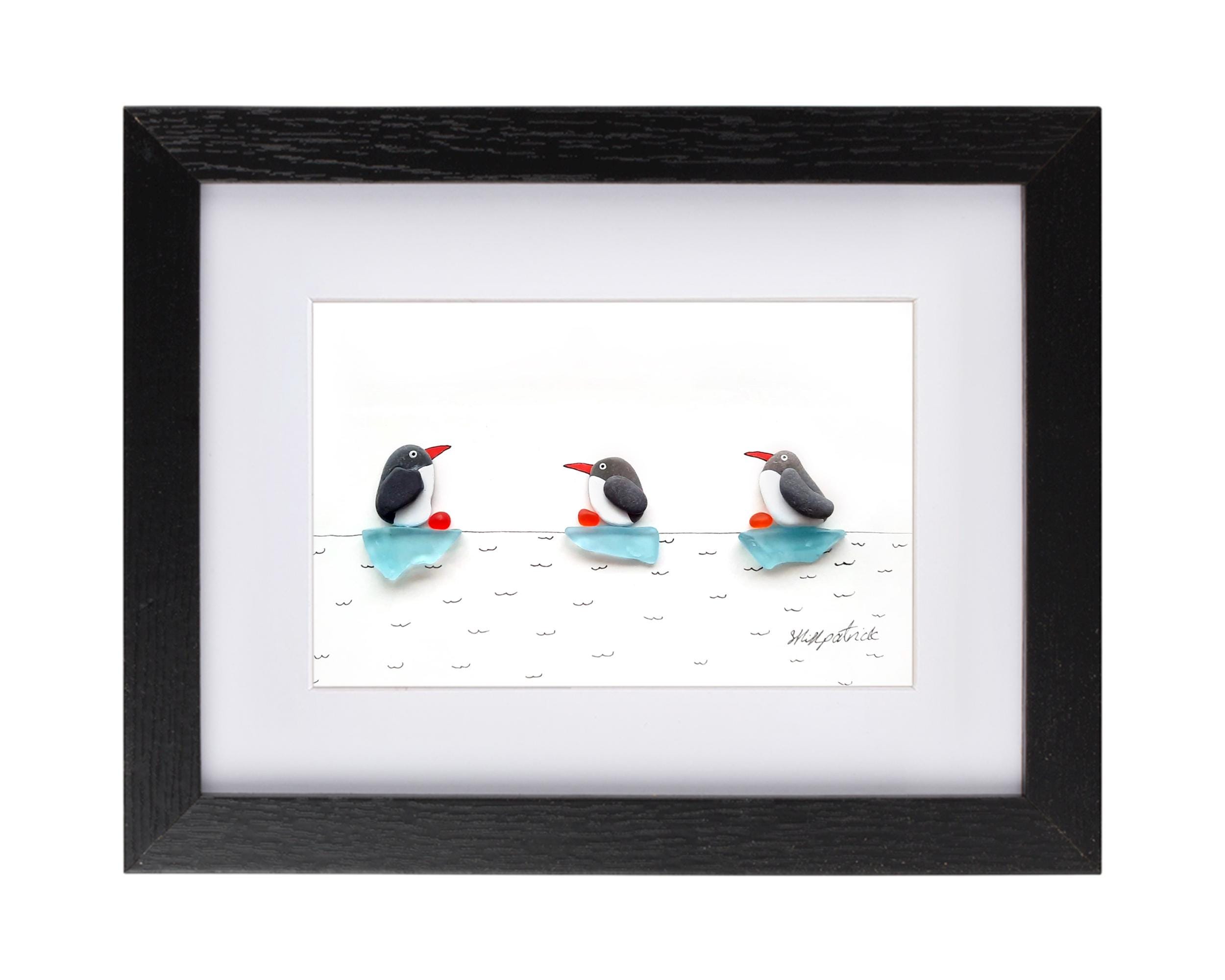 ペンギン - 小石アート＆シーグラス絵画 - 手作りの額入りペンギン