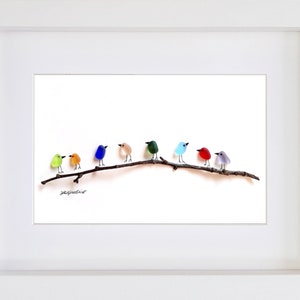 Rainbow Birds on Branch Sea Glass & Driftwood Picture Framed Unique Handmade Sea Glass Art White