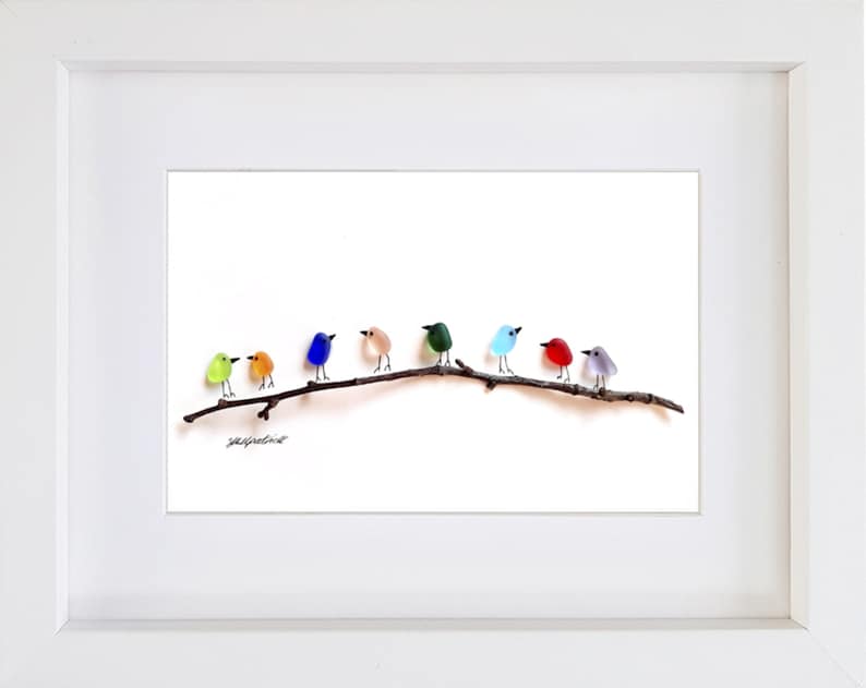Rainbow Birds on Branch Sea Glass & Driftwood Picture Framed Unique Handmade Sea Glass Art White