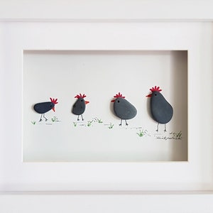 Black Hens Chickens - Pebble Art & Sea Glass Picture - Framed Unique Handmade