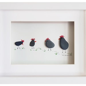 Black Hens Chickens - Pebble Art & Sea Glass-foto - ingelijst uniek handgemaakt