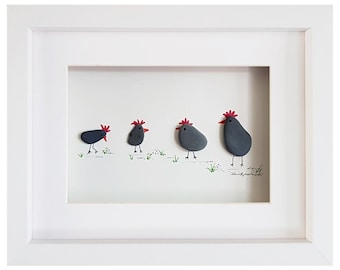 Black Hens Chickens - Pebble Art & Sea Glass Picture - Framed Handmade Wall Decor