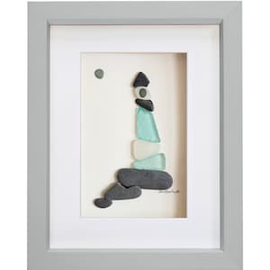 Blue Lighthouse - Pebble Art & Sea Glass Picture - Framed, Unique, Handmade - Wall Art