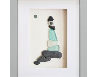Blue Lighthouse - Pebble Art & Sea Glass Picture - Framed, Unique, Handmade - Wall Art
