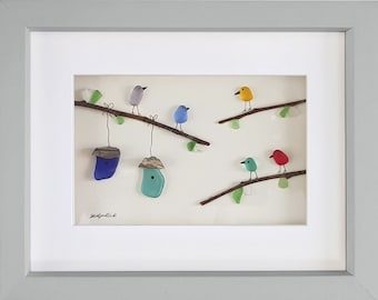 Colourful Birds - Sea Glass & Driftwood Picture - Framed Unique Handmade - Sea glass art
