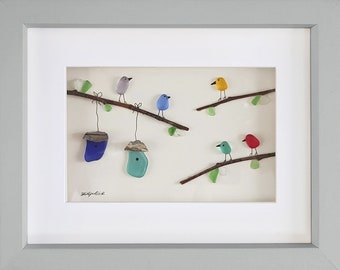 Colourful Birds - Sea Glass & Driftwood Picture - Framed Unique Handmade - Sea glass art