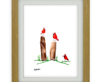 Sea Glass & Driftwood Picture - Framed Unique Handmade - Sea Glass Art - Cardinal Bird - Red Cardinals