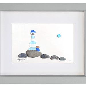 Sea Glass & Pebble Art Framed Picture: Handmade Blue Lighthouse Landscape Coastal Scene